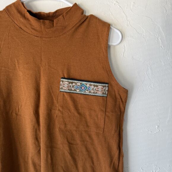 Judy Knapp Shirt 70s Vintage Brown Mock Neck Sleeveless Boho Pocket Aztec Trim - Picture 2 of 6